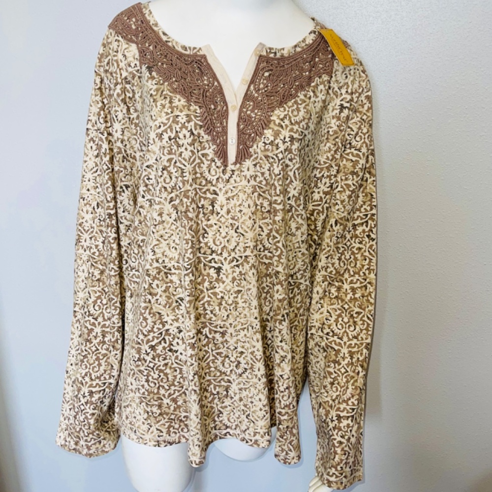 NEW NorthCrest Women's Plus Brown Tan Cream Mosaic Bohemian Tunic Top Lace 3X